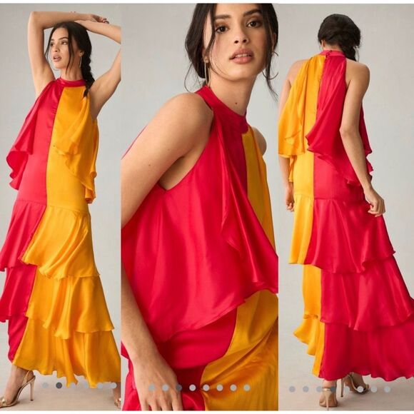 Anthropologie Pinnacle X Shruti Orange Pink Colorblock Ruffle Maxi Dress Medium - Picture 1 of 15